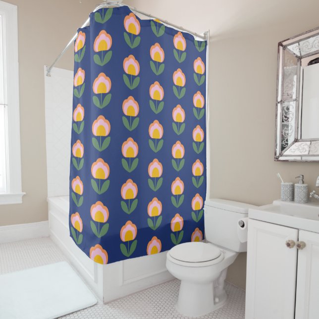 Scandinavian Danish Folk Flower Pattern in Blue Shower Curtain (In Situ)