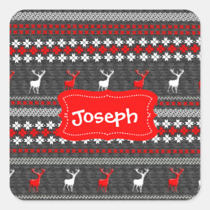 Scandinavian Deer Christmas Pattern Personalised Square Sticker