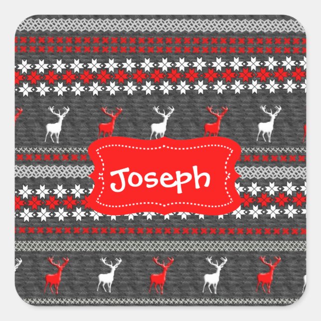 Scandinavian Deer Christmas Pattern Personalised Square Sticker (Front)