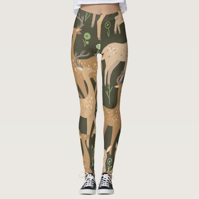 Scandinavian Deer Forest Wallpaper Leggings (Front)