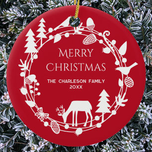 Scandinavian Deer Forest Wreath Personalised Ceramic Tree Decoration