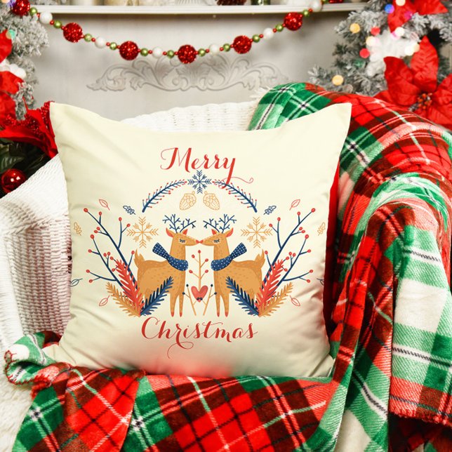 Scandinavian Deer Nordic Merry Christmas Design Cushion (Scandinavian Folk Woodland Deer Throw Pillow - Cream)