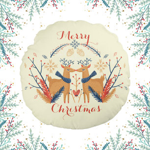 Scandinavian Deer Nordic Merry Christmas Design Round Cushion