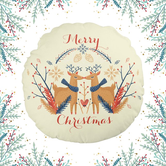 Scandinavian Deer Nordic Merry Christmas Design Round Cushion (Scandinavian Folk Woodland Deer Cream Round Pillow)