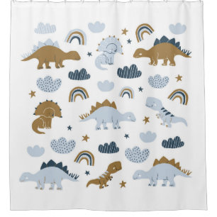 Scandinavian dinosaurs, stars, rainbows illustrati shower curtain