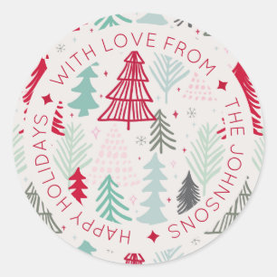 Scandinavian Doodle Christmas Trees Personalised Classic Round Sticker