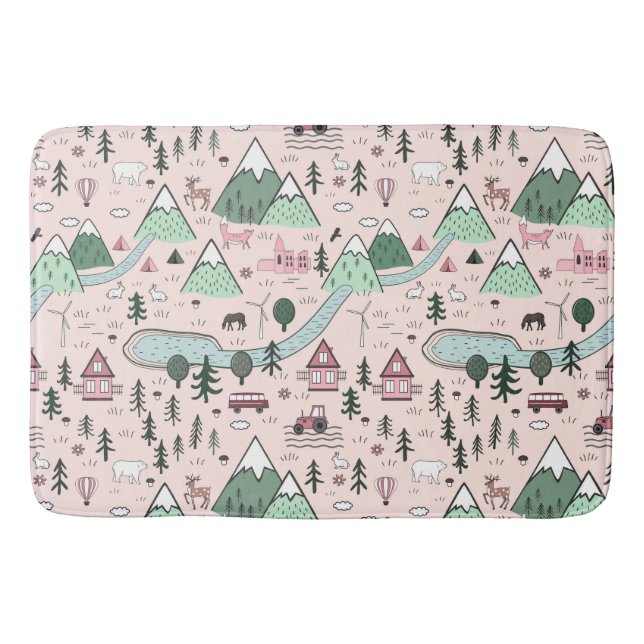 Scandinavian Farm Town Pattern Pink  Bath Mat (Front)
