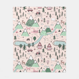 Scandinavian Farm Town Pattern Pink Fleece Blanket