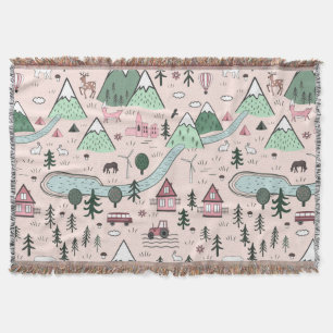Scandinavian Farm Town Pattern Pink  Throw Blanket
