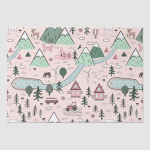 Scandinavian Farm Town Pattern Pink   Tissue Paper