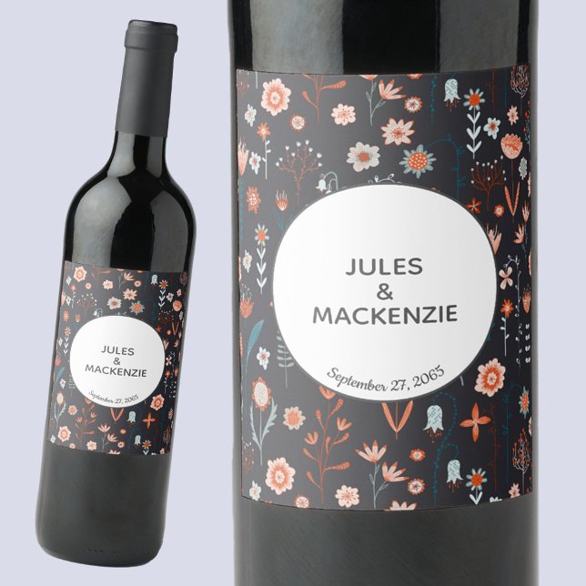 Scandinavian Floral Dark Boho Wedding Wine Label (Dark boho floral wedding wine label with custom personalized text)