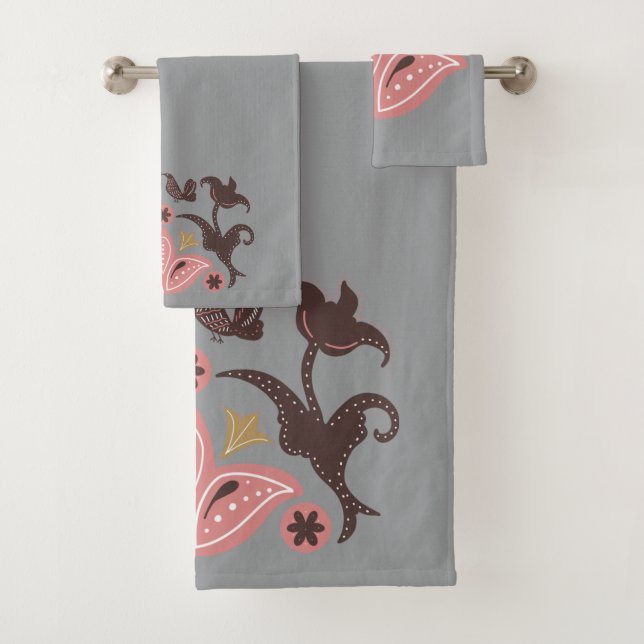 Scandinavian Floral Pattern Grey Pink Bath Towel Set (Insitu)