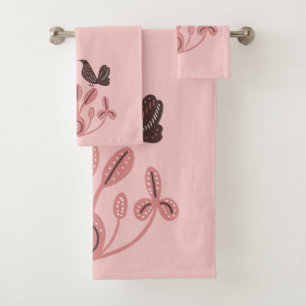 Scandinavian Floral PatternPink Brown Bath Towel Set