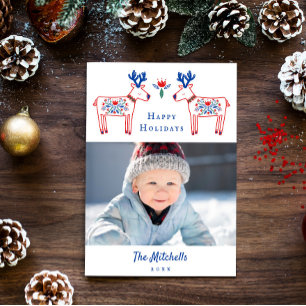 Scandinavian Floral Reindeer Happy Holidays Holiday Card
