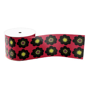 Scandinavian Flowers Black Red Grosgrain Ribbon