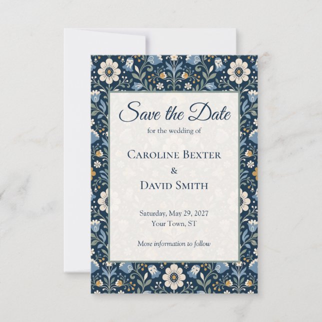 Scandinavian Flowers Navy Blue Save The Date Card (Front)