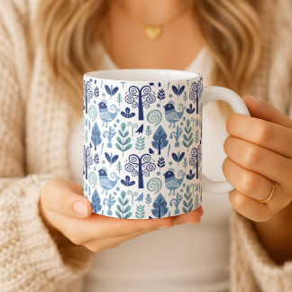 Scandinavian Folk Art Bird and Botanical Pattern M Coffee Mug