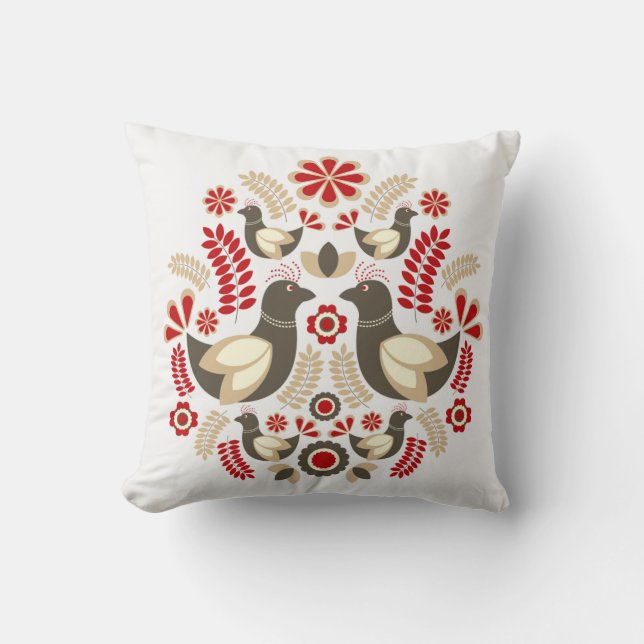scandinavian folk art bird and flowers nordic cushion (Front)