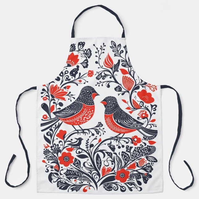 Scandinavian Folk Art Birds Lino Cut Design Apron (Front)