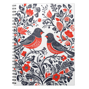 Scandinavian Folk Art Birds Lino Cut Design Notebook
