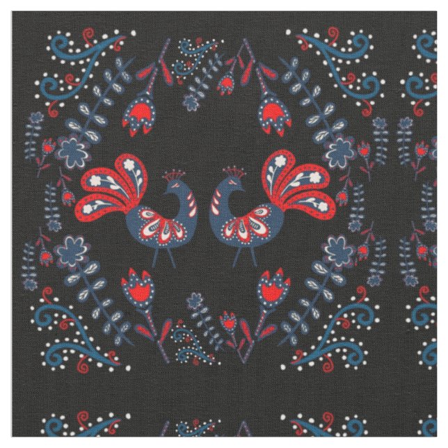 Scandinavian Folk Art Birds Monogrammed Fabric (Close Up)