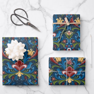 Scandinavian Folk Art Blue Red Floral Pattern Wrapping Paper Sheet