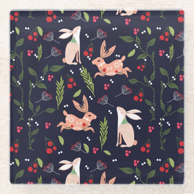 Scandinavian Folk Art Bunnies Glass Coaster (Front)