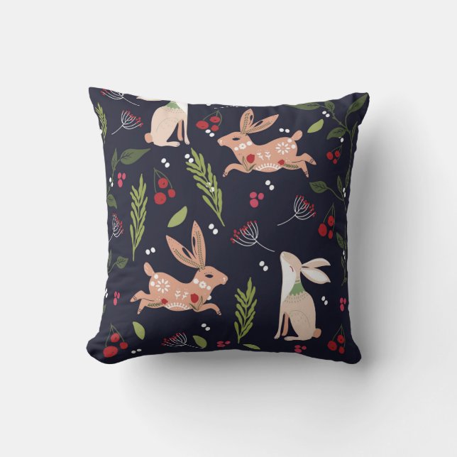 Scandinavian Folk Art Bunny Print Cushion (Front)