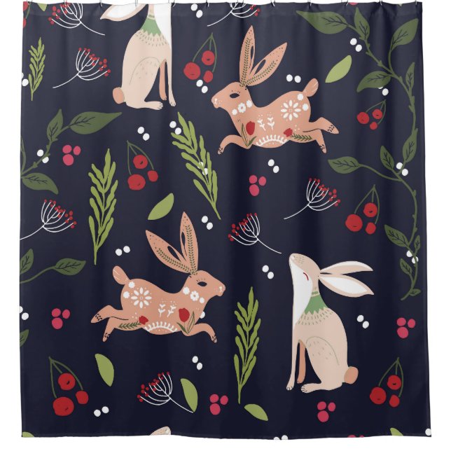 Scandinavian Folk Art Bunny Print Shower Curtain (Front)