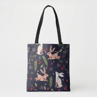 Scandinavian Folk Art Bunny Print Tote Bag