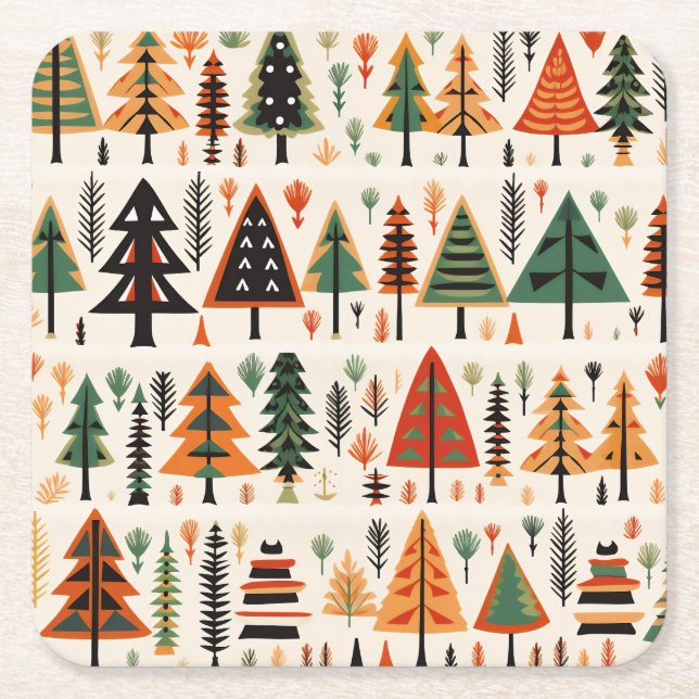 Scandinavian Folk Art Christmas Pattern Square Paper Coaster (Front)