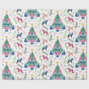 Scandinavian Folk Art Christmas Trees & Dala Horse Wrapping Paper