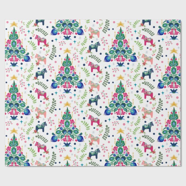 Scandinavian Folk Art Christmas Trees & Dala Horse Wrapping Paper (Flat)