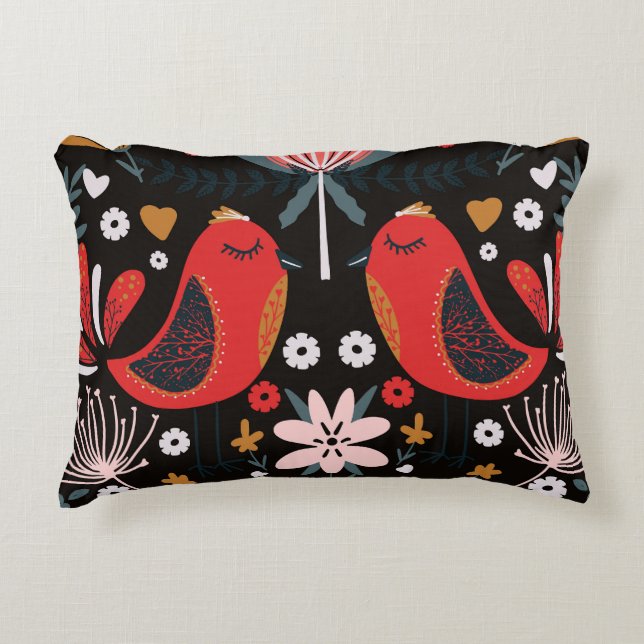 Scandinavian Folk Art: Colourful Birds. Decorative Cushion (Front)
