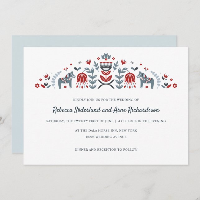 Scandinavian Folk Art Dala Horse Flower Wedding Invitation (Front/Back)