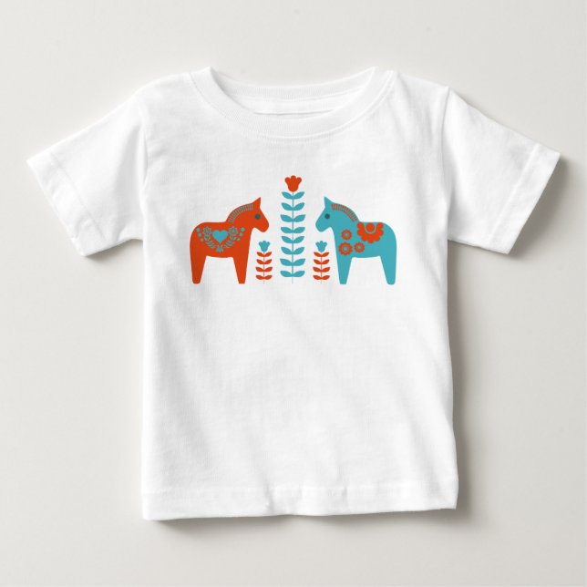 Scandinavian Folk Art Dala Horses and Flowers Baby T-Shirt (Front)