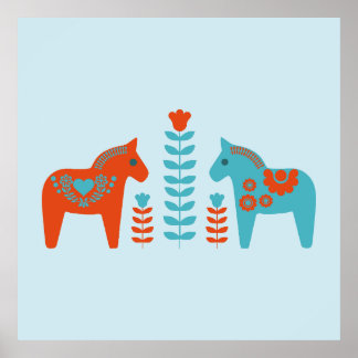 Scandinavian Folk Art Dala Horses and Flowers  Poster