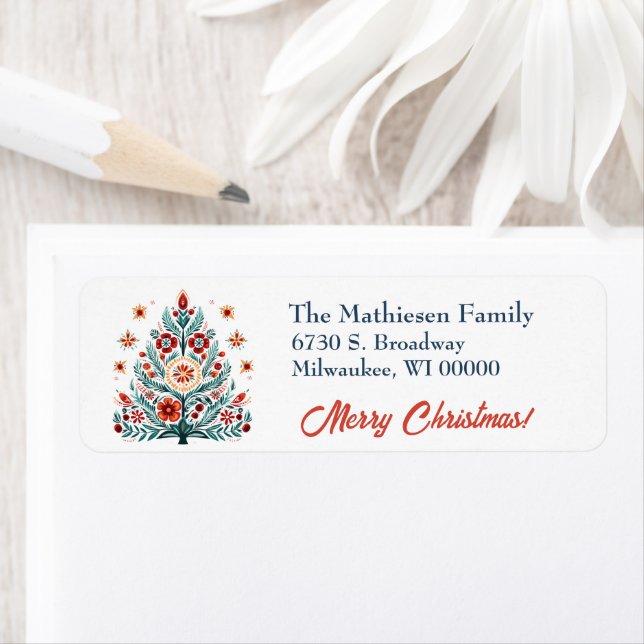 Scandinavian Folk Art Holiday Tree Return Address (Insitu)