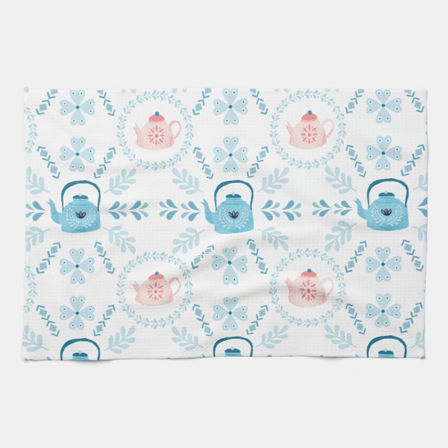 Scandinavian Folk art Hygge Christmas cosy teapot Tea Towel (Horizontal)