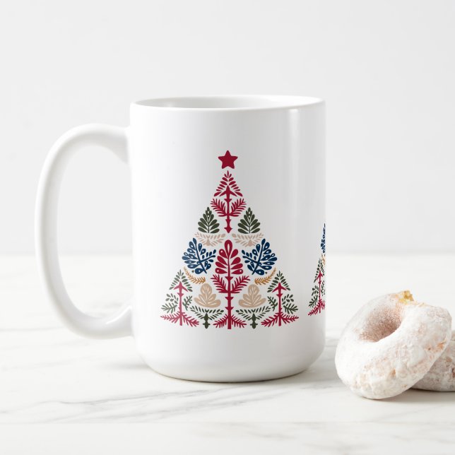 Scandinavian Folk Art Multicolor Christmas Tree Coffee Mug (With Donut)