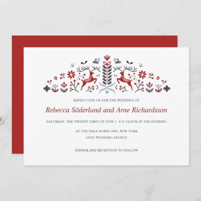 Scandinavian Folk Art Reindeer and Hearts Wedding Invitation (Front/Back)