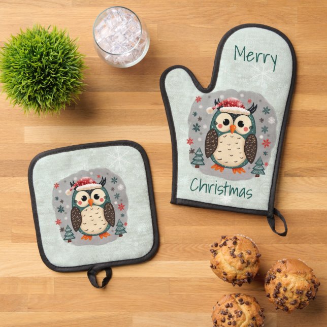 Scandinavian Folk Art Style Oven Mitt & Pot Holder Set (Top Down)