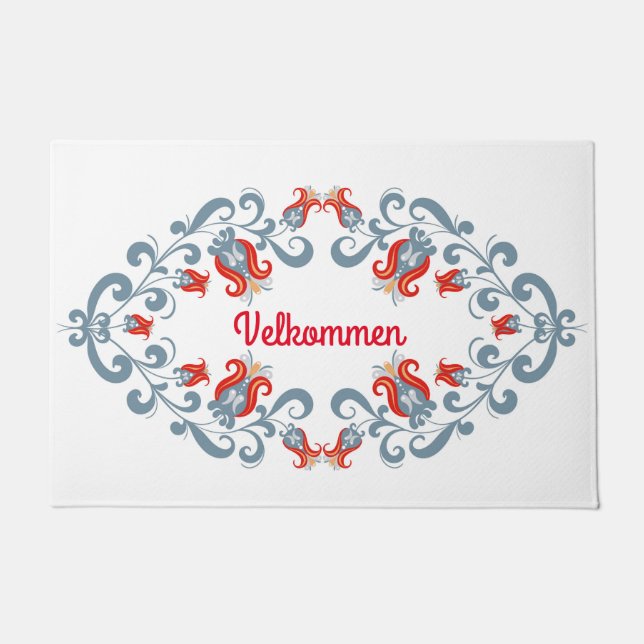 Scandinavian Folk Art "Velkommen" Welcome Mat (Front)