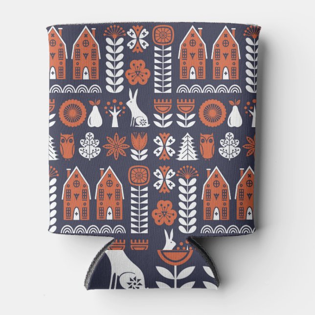 Scandinavian Folk Art Vintage Pattern Can Cooler (Front)