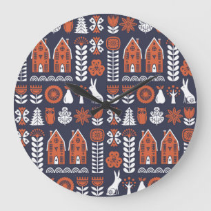 Scandinavian Folk Art Vintage Pattern Large Clock