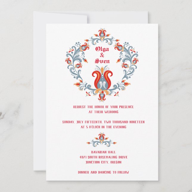 Scandinavian Folk Art Wedding Invitation Red/Blue (Front)