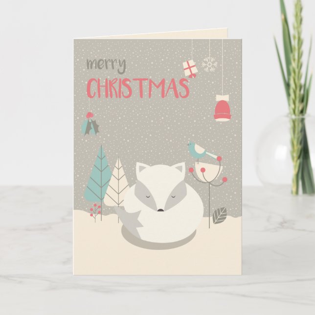 Scandinavian Folk Art White Fox Christmas Holiday Card (Front)