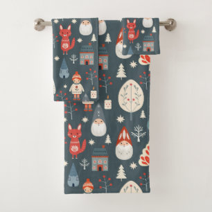 Scandinavian folk art with Christmas gnomes  Bath Towel Set