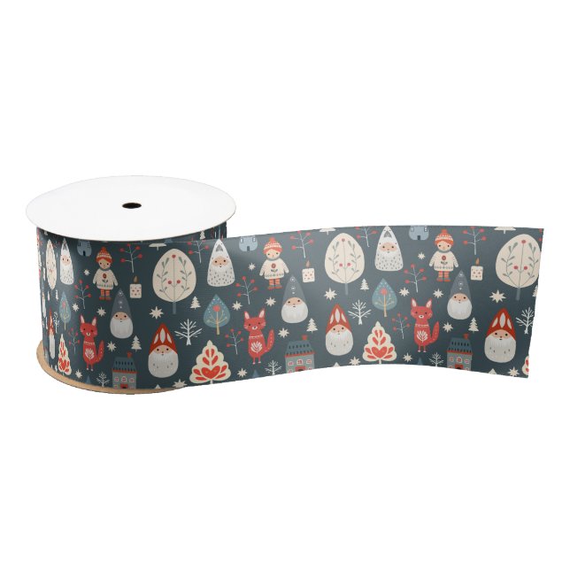 Scandinavian folk art with Christmas gnomes  Satin Ribbon (Spool)