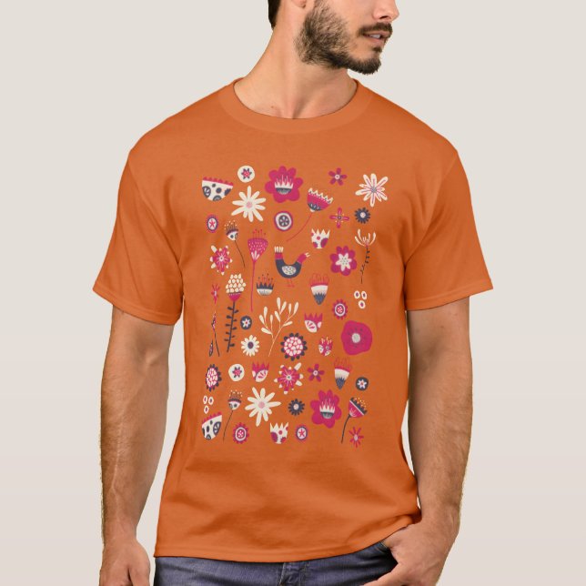 Scandinavian Folk Birds and Flowers funny T-Shirt (Front)